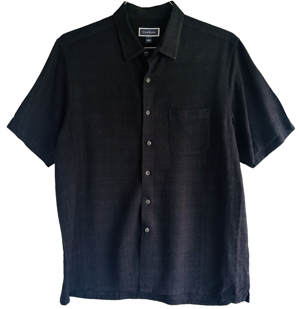 Club Room Mens Short Sleeve Button Shirt Black Textured Casual Top Size L